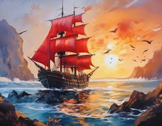 a painting of a ship in the ocean with birds flying over it and sunset behind it