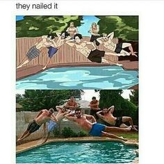 two pictures, one with people jumping into the pool and another with swimming trunks on