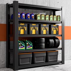 a black shelf filled with lots of different types of tires and other items next to a wall