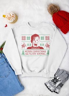 Home Alone, Merry Christmas Ya Filthy Animal Sweater (With Filthy Little Reindeer), Great Party Sweater, Great Gift! Unisex Heavy Blend™ Crewneck Sweatshirt Gildan 18000 50% Cotton 50% Polyester Medium-heavy fabric (8.0 oz/yd² (271.25 g/m Loose fit Sewn in label Runs true to size Stick Season, Funny Sweater, Christmas Sweater Funny, Animal Sweater, Do Re Mi, Drink Alcohol, Merry Christmas Ya Filthy Animal, Party Sweaters, Ya Filthy Animal