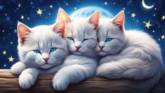 three white cats with blue eyes are sitting on a branch in front of the moon