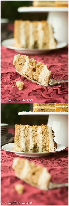 three different slices of cake sitting on top of each other