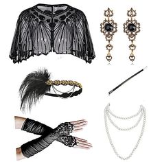 Look After Me:Washable,Hand wash; Gender:Women's; What's in the box:Earrings,Necklace,Headwear,Gloves,Shawl; Types:Fascinator Hat,Party Costume,Cloak; Holiday:Masquerade; Style:Retro Vintage,1950s,1920s; Occasion:Party / Evening; Material:Feather,Tulle; Age Group:Adults'; Characters:Charleston,The Great Gatsby; Listing Date:04/18/2022 Diy Gatsby Costume, 20s Fashion Aesthetic, 1920 Party Outfit, Tulle Costumes, Gatsby Party Outfit, Mafia Princess, Look Gatsby, 1920s Accessories, Speakeasy Party