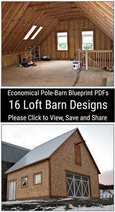 an attic with two windows and the words'16 loft barn designs please click to view, save and share