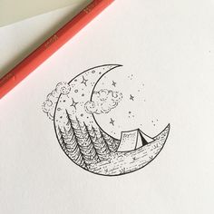 a drawing of a crescent moon with stars and clouds