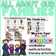 an all about our families poster with the words family and two children in front of it