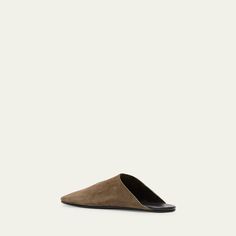 THE ROW "Dante" calf suede easy mules Flat heel Round toe Slide style Leather outsole Made in Italy Suede Slides, Mule Flat, Bergdorf Goodman, The Row, Tops Designs, In Italy, Italy, Luxury Fashion, Heels