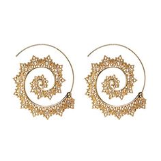 The Aria Hoop Earring features a threader design with a post closure, and a filigree swirl available in gold-tone brass. Size: one size. Gender: female. Age Group: adult. Gold Bohemian Hoop Wrap Earrings, Bohemian Gold Spiral Wrap Earrings, Gold Swirl Metal Earrings, Gold Swirl Earrings For Pierced Ears, Bohemian Gold Swirl Jewelry, Gold Spiral Bohemian Earrings, Festival Spiral Gold Earrings, Gold Spiral Hoop Earrings, Nickel-free Spiral Gold Hoop Earrings