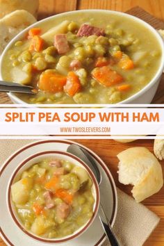 split pea and ham soup with bread on the side