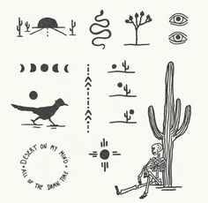 an ink drawing of a person sitting on a bench next to a cactus and other symbols