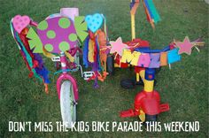 Neighborhood kids bicycle parade. Araya J. I used to do this as kids, good memories :) Bicycle Decoration, Bike Summer, Bike Parade, Bike Craft, Parade Ideas, Stereoscopic 3d, Bicycle Decor, Kid Parties, Bike Ideas