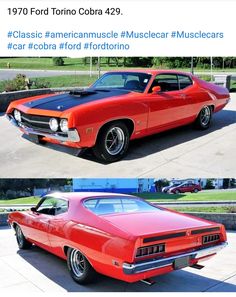 an old red muscle car parked in front of a house