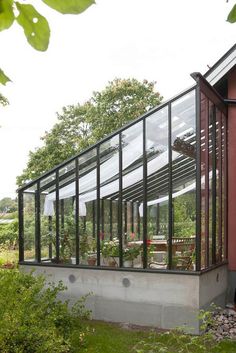 a red house with glass walls and plants in the yard