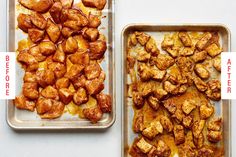 two baking pans filled with chicken next to each other