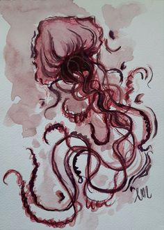 a drawing of an octopus with red ink on it's face and tail, in front of a white background