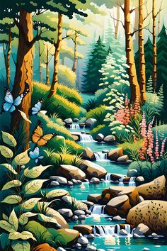 a painting of a stream running through a forest filled with lots of trees and rocks