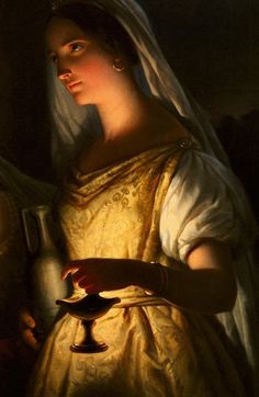 a painting of a woman holding a candle in her right hand and wearing a white veil