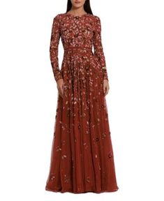 Mac Duggal Embellished High Neck Long Sleeve A-Line Gown | Bloomingdale's Women Fall Formal Dresses, Formal Wedding Guest Dress, Bride Groom Dress, Formal Dresses Gowns, Embellished Gown, Western Chic, Full Length Dress, Chiffon Gown, Mac Duggal