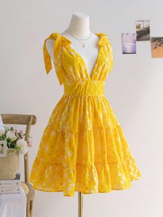 Plus Size Women Romantic Floral Embroidered Hollow Textured Shoulder Tie Bow Mini Dress With A-Line Layered Skirt, For Vacation Yellow Boho  Sleeveless Woven Fabric Floral,Plants,Ditsy Floral,All Over Print A Line,Cami Non-Stretch Summer Women Plus Clothing, size features are:Bust: ,Length: ,Sleeve Length: Elegant Summer Dresses, Birthday Dress Women, Vacation Outfits Women, Summer Mini Dress, Flare Mini Dress, Layered Skirt, Dress For Short Women, Cami Dress, Birthday Dresses