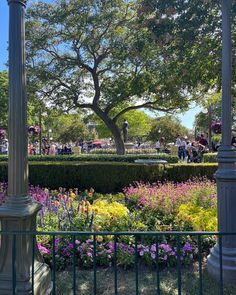 people are walking around in the park with many flowers