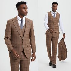 Elevate Your Style Game With The Stacy Adams Textured Windowpane 3-Piece Suit Set. This High-Quality Ensemble Boasts A Hybrid Fit For Comfort And A Tailored Look, Featuring A Classic Notch Lapel, 2-Button Closure, And Thoughtful Details Like Side Vents, Interior French Facing, And Even Underarm Sweat Guards. The Matching Vest Adds A Touch Of Class With Its Five Button Closure And V-Neck, While The Flat Front Pants Are Both Stylish And Practical. Available In Skinny-Fit And Slim-Fit Sizes, This S Classic Fitted Brown Sets, Fitted Classic Brown Sets, Brown Fitted Business Sets, Fitted Brown Sets For Semi-formal Occasions, Double Breasted Vest, Check Suit, Flat Front Pants, Men's Suit, Modern Gentleman