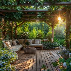 an outdoor living area with wooden floors and lots of greenery on the roof, surrounded by plants