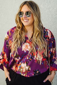 Purple Plus Size Abstract Print V-neck Long Sleeve Blouse Trendy V-neck Blouse For Fall, Floral Print V-neck Tops For Work, Chic Spring Blouse With Notched Neckline, Spring Top With Notched Neckline For Day Out, Chic Split Neck Top For Day Out, Chic Spring Top With Notched Neckline, Chic Tops With Notched Neckline For Spring, Spring V-neck Top With Notched Neckline For Work, Chic V-neck Top With Notched Neckline For Spring