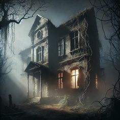 an old abandoned house in the woods on a foggy night with light coming through the windows