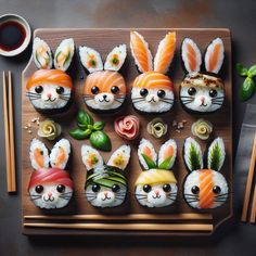 sushi rolls decorated as rabbits and carrots with chopsticks next to them