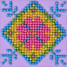 Diamond Dotz rainbow Patchwork Mandala kit end result featuring pink, yellow, green and blue on a light purple background Rhinestone Painting, Diamond Dotz, Crochet Sewing, Tapestry Kits, Diamond Paint, Diamond Embroidery, Cross Stitch Fabric, New Crafts, Art Kit