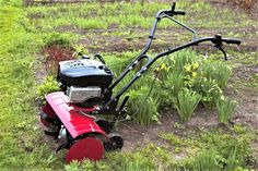 a red lawn mower sitting on top of a lush green field next to flowers