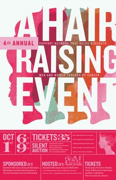 an event poster with the words hair raising event written in different colors and font on it