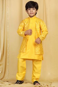 **Specifications : Please visit our brand store** https://www.etsy.com/in-en/shop/AJDezines?ref=seller-platform-mcnav .3 pc set: 1 Kurta, 1 Dhoti, Jacket .Sherwani: Cotton Silk regular fit, long sleeve Kurta. mandarin collar, front buttons. .Jacket: Raw Silk jacket, embellished with embroidery, round neck, comes with pocket. .Pajama: Straight fit Pajama made in raw silk with partially elasticated waist to best fit. A finely crafted 3 pc ethnic ensemble is a perfect combination of modern subtlety Gold Nehru Jacket For Festive Occasions, Festive Gold Nehru Jacket With Traditional Drape, Festive Gold Bandhgala With Cutdana, Gold Straight Kurta Sherwani For Festive Occasions, Eid Party Bandhgala Straight Kurta, Festive Bandhgala With Cutdana Details, Eid Sets With Dori Work And Traditional Drape, Festive Bandhgala With Resham Embroidery, Festival Art Silk Bandhgala With Cutdana