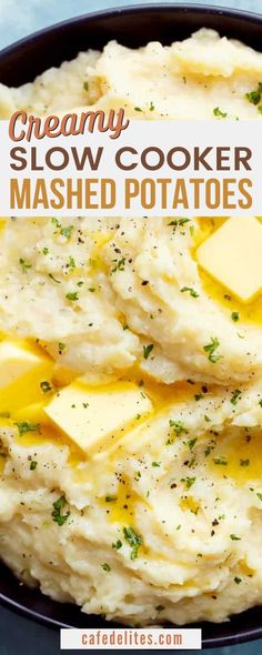 creamy slow cooker mashed potatoes with butter and parmesan cheese on top