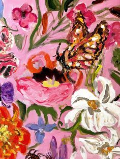 an oil painting of flowers and butterflies on a pink background with white, red, purple, orange, and yellow colors