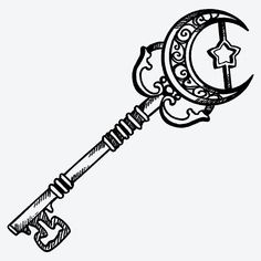 a drawing of a key with a crescent and star on the top, in black and white