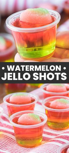 colorful jello shots in plastic cups with the words watermelon jello shots