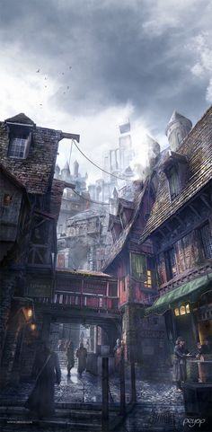 an image of a fantasy city with people walking through the alleys and old buildings