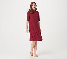 The easiest dress code? One built around this multi-season Liquid Knit® dress. Add some heels as your plus one (or is it two?), and you're off! From Susan Graver. Susan Graver, Mock Neck Dress, Elbow Sleeve, Elbow Length Sleeve, Dress Codes, Mock Neck, Simple Dresses, Knit Dress, Dress Skirt