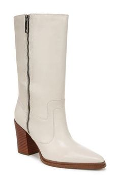 Make bold moves in this block-heel boot crafted from supple leather with a chic pointy toe and a sleek side zipper for easy entry. 2 1/4" heel 9" shaft; 12 1/2" calf circumference Leather upper/synthetic lining and sole Imported Spring Leather Knee-high Boots With Zipper, High Heel Leather Boots With Side Zipper, Leather High Heel Boots With Side Zipper, Spring Leather Heeled Boots With Zipper, Trendy Leather Boots With Side Zipper, White Leather Heeled Boots With Zipper, Heel Boot, Pointed Toe Boots, Block Heel Boots