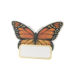 A die-cut freestanding place card featuring a gorgeous illustration of a monarch butterfly at the top, and a gold-framed open white rectangle at the bottom for personalization. Monarch Butterfly Tablescape, Monarch Butterfly Party, Monarch Butterfly Decor, Monarch Wedding, Butterfly Place, Buffet Labels, Postage Stamp Monarch Butterfly, Holiday Box, Vintage Silverplate