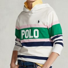 Brand New Authentic Ralph Lauren Boys Hoodie Shirt. Original Tags Attached Size Medium 10-12 White, Green, Navy & Pink White Cotton Hoodie Tops, Cute Multicolor Cotton Hoodie, Playful White Long Sleeve Sweatshirt, White Hooded Cotton Top, White Cotton Hooded Top, Cute Green Hooded Top, Playful White Hoodie Sweatshirt, White Hooded Top For Spring, Playful White Tops For Winter