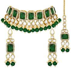 PRICES MAY VARY. Product Dimension : Necklace Length - 18 cm x Width - 4.5 cm, Earring Height - 7 cm x Width - 1.5 cm, Maang Eikka Length - 12.5 cm x Width - 1.5 cm, Weight - 102 gms Brand: At Aheli, we have been recreating the exquisite treasure of Indian Heritage Jewelry and making it available to our customers globally to retain the traditional Indian culture and ethnicity. Packaged in elegant branded boxes with extra stones and ear push, we ensure the best is delivered to you and your loved Adjustable Festive Jewelry Sets For Celebrations, Green Adjustable Jewelry Sets For Wedding, Adjustable Jewelry Sets For Party And Festivals, Festive Adjustable Necklaces For Parties, Adjustable Festive Jewelry Sets For Weddings, Adjustable Kundan Necklaces For Party, Kundan Choker Necklace, Kundan Choker, Heritage Jewellery