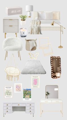 a collage of white furniture and decor with gold accents on the top, along with other items