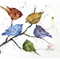 three birds are sitting on a branch painted in watercolor