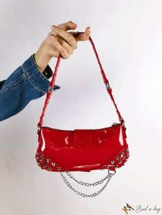 BirdinBag - Red Spiked & Chain Embellished Baguette Handbag Trendy Red Bags With Chain Strap, Trendy Red Bag With Chain, Trendy Red Shoulder Bag With Chain Strap, Trendy Baguette Bag With Chain Strap For Party, Trendy Red Baguette Bag For Evening, Trendy Party Baguette Bag With Chain Strap, Red Satchel Shoulder Bag With Chain Strap, Red Rectangular Shoulder Bag With Chain Strap, Red Clutch Bag With Chain Strap