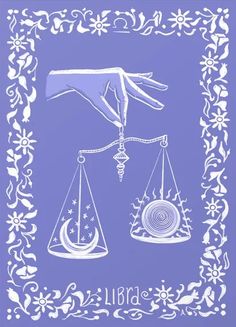 a blue and white poster with an image of a hand holding the scales of justice