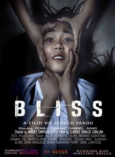 a movie poster for bliss with a woman holding her hands up to her face and another person's head in the background