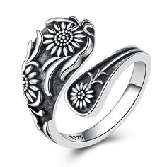 PRICES MAY VARY. The sunflower symbolizes warmth, happiness, positivity and strength, as it is very similar to the sun itself. Sophisticated and eye-catching fusion of classic sunflower and retro design, it is sure to get a lot of praise, perfect for everyday decoration. Material&Size:adjustable from size 6 to 10.Made of real 925 sterling silver,hypoallergenic, nickel-free, lead-free, and cadmium-free, making it comfortable to wear for a long time without worrying about irritating your skin. Per Sunflower Design Rings As Gifts, Adjustable Sunflower Design Flower Ring Gift, Adjustable Sunflower Design Flower Ring, Adjustable Silver Ring With Sunflower Design, Antique Spoons, Sunflower Jewelry, Spoon Ring, Spoon Rings, Jewelry Images