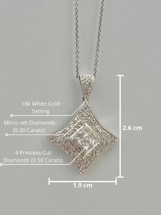 "Pacific Jewelry Presents, Star shape pendant with VS2 natural micro-set diamonds mounted in 18k solid white gold. Diamond weight (0.80 carats) is divided into 0.50 carats of princess cut center stones and 0.30 carats of adorning micro-pave diamonds. I really love this pendant, it's really so cute and sleek and the diamonds are all excellent/ideal cut diamonds for optimal sparkle and shine. Message me for certificate of appraisal with order. <> ✔ Natural, genuine diamonds ✔ Option to purch Luxury White Gold Star-shaped Diamond Necklace, Luxury Star-shaped White Gold Diamond Necklace, Fine Jewelry Diamond Necklace With Princess Cut, Princess Cut Diamond Necklace Fine Jewelry, White Gold Diamond Necklace With Princess Cut, Brilliant Cut Princess Diamond Necklace, Princess Cut Diamond White Diamond Necklace For Anniversary, White Gold Princess Cut Diamond Necklace, Elegant Star-shaped White Gold Diamond Necklace